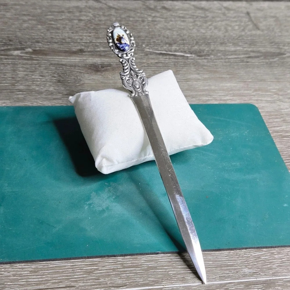 Vintage 800 Silver Ornate Letter Opener w/ Porcelain Windmill Scene 34g European